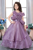 Lavender Designer Bow & 3D Rosette Party Gown For Girls