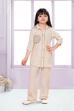 Cream Casual Top With Matching Straight Pant Set For Girls