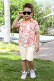 Trendy Peach Geometric Printed Shirt And T-Shirt With Shorts Set For Boys