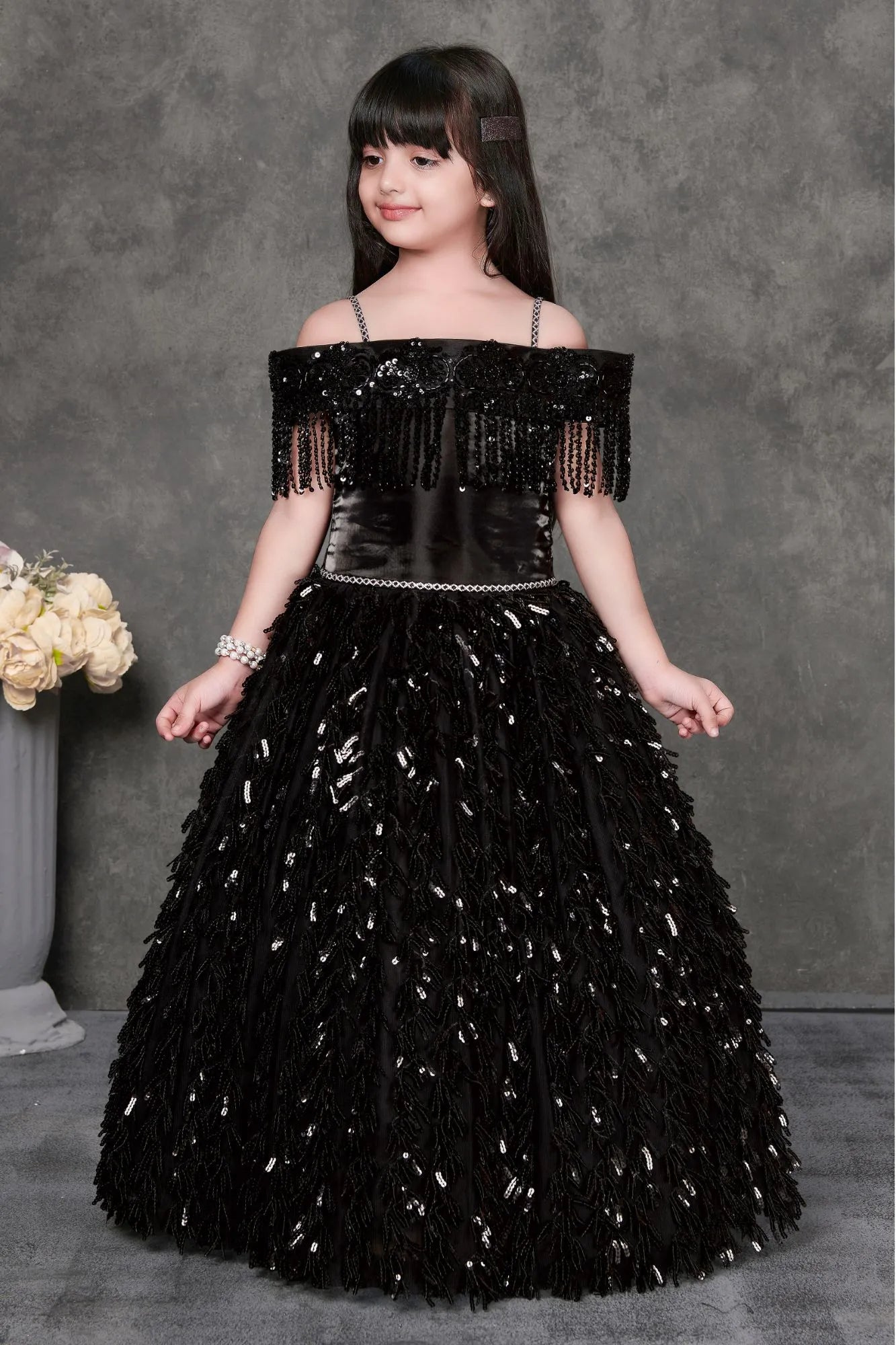 Midnight Sparkle Black Sequin Off-Shoulder Party Gown For Girls - 4-5Y (22) Midnight Sparkle Black Sequin Off-Shoulder Party Gown For Girls - 4-5Y (22)