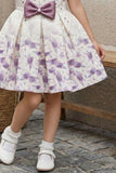 Cream With Lavender Floral Print Party Frock with Satin Bow Waist Accent For Girls