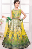 Yellow & Green Ombre Lehenga Choli with Peacock Embroidery and Dupatta For Girls