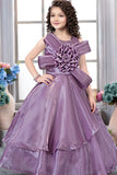 Lavender Designer Bow & 3D Rosette Party Gown For Girls