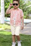 Trendy Peach Geometric Printed Shirt And T-Shirt With Shorts Set For Boys