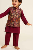 Wine Kurta Set With Floral Jacket For Boys