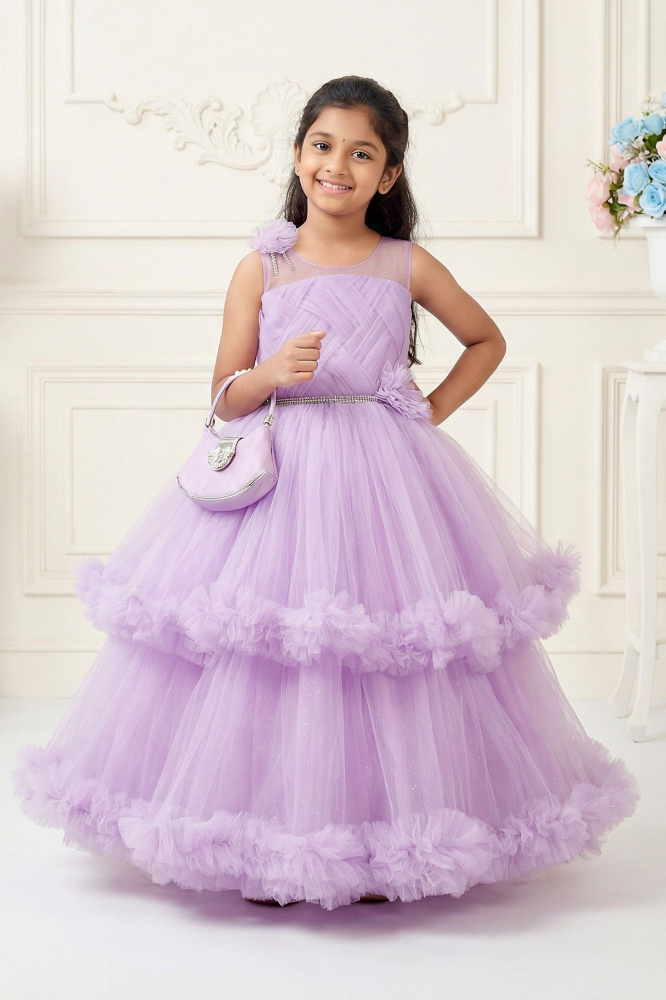 Lavender Layered Net Party Gown with Floral Ruffle Hem For Girls 4-5Y (22)