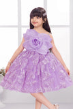 Lavender One-Shoulder Floral Appliqué Party Frock for Girls