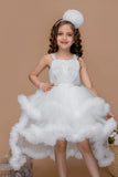 White Sequin High-Low Layered Party Frock with Bow For Girls