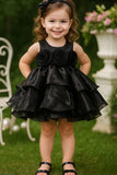 Black Floral Appliqué Tiered Frock For Girls