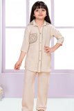 Cream Casual Top With Matching Straight Pant Set For Girls