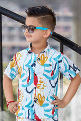 White Printed Shirt And Shorts Set For Boys