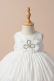 White Party Frock with Oversized Floral Appliqué and Pleated Shine Finish For Girls