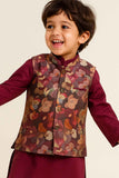 Wine Kurta Set With Floral Jacket For Boys