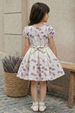 Cream With Lavender Floral Print Party Frock with Satin Bow Waist Accent For Girls