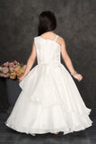 White Layered Organza Party Gown with Asymmetric Sequin Embroidery For Girls