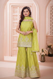 Light Green Bandhani Sharara Set with Dupatta & Golden Embroidery For Girls
