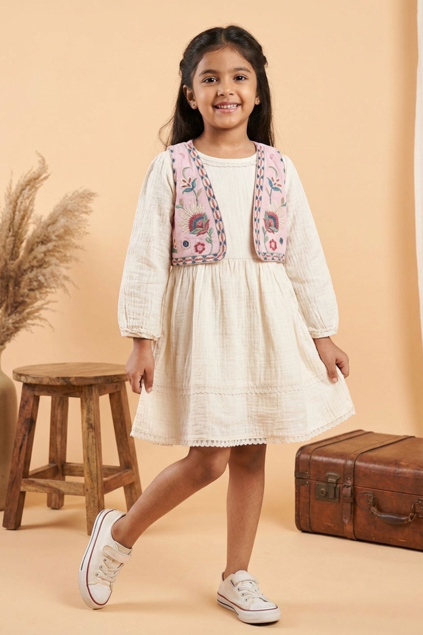 Casual White Cotton Dress with Embroidered Jacket for Girls – Lagorii Kids