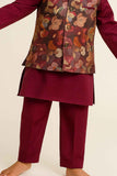 Wine Kurta Set With Floral Jacket For Boys