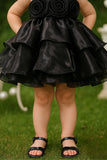 Black Floral Appliqué Tiered Frock For Girls