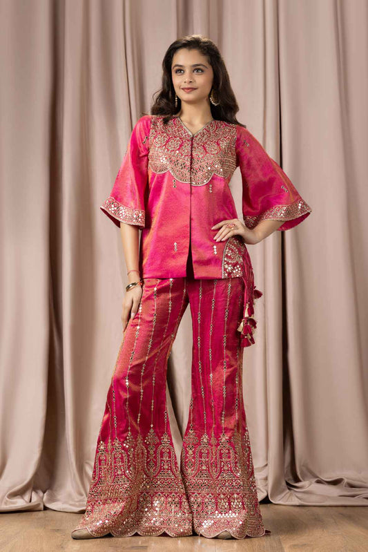 Luxe Pink Mirror Work And Zari Embroidered Palazzo Set For Girls
