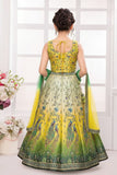 Yellow & Green Ombre Lehenga Choli with Peacock Embroidery and Dupatta For Girls