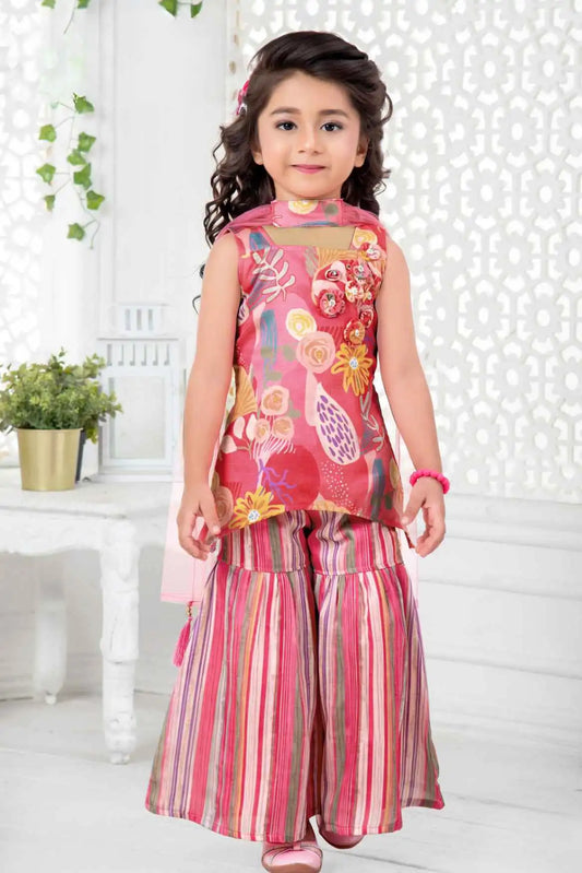 Rani Pink Floral Kurti and Striped Sharara Set With Dupatta For Girls