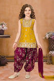 Mustard And Wine Sequins Embroidered Patiala Set For Girls