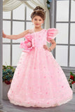 Blush Pink One-Shoulder Bow Embroidered Party Gown for Girls