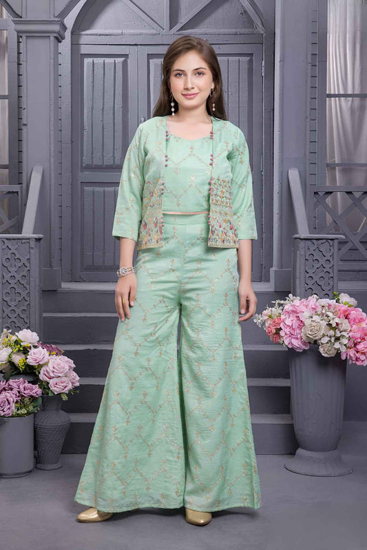 Mint Green Sequins Embroidered Palazzo Set With Overcoat For Girls