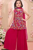 Rani Pink Palazzo Set With Embroidered Multicolor Peplum Top For Girls