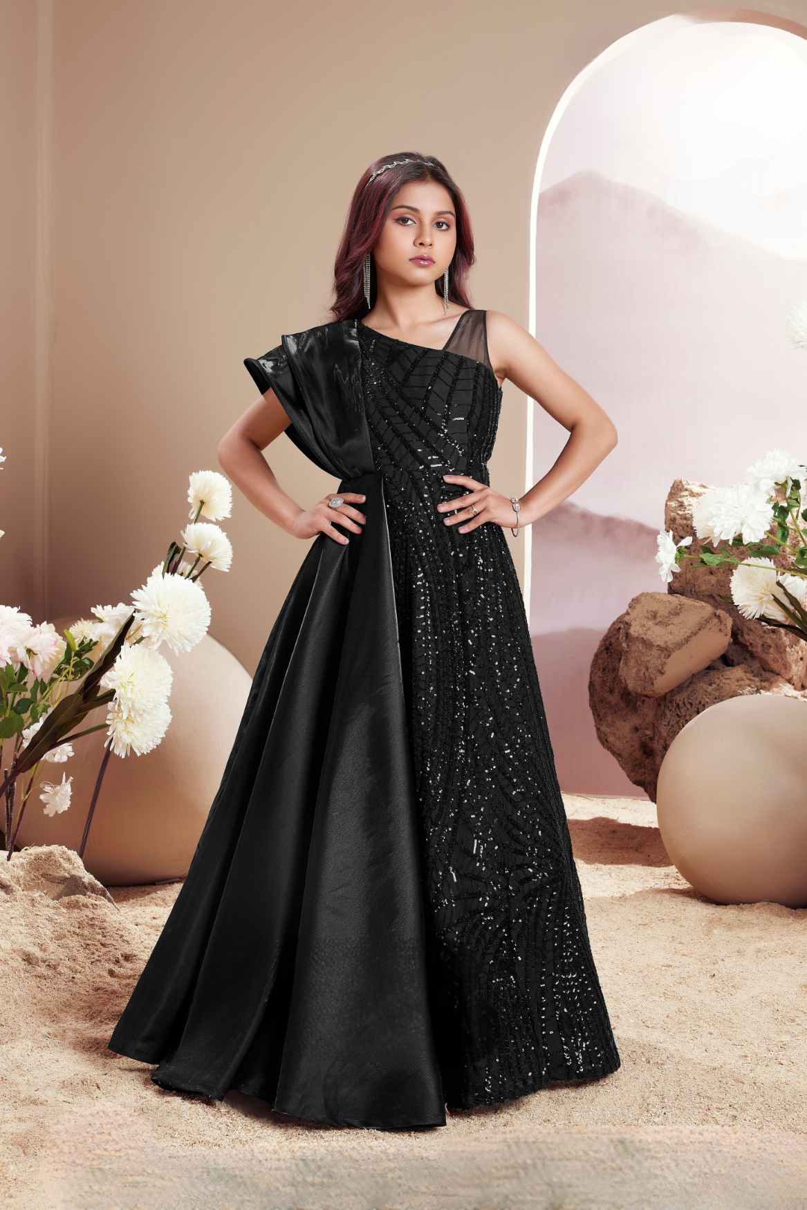 Designer Black Sequined Partywear Gown For Girls – Lagorii Kids