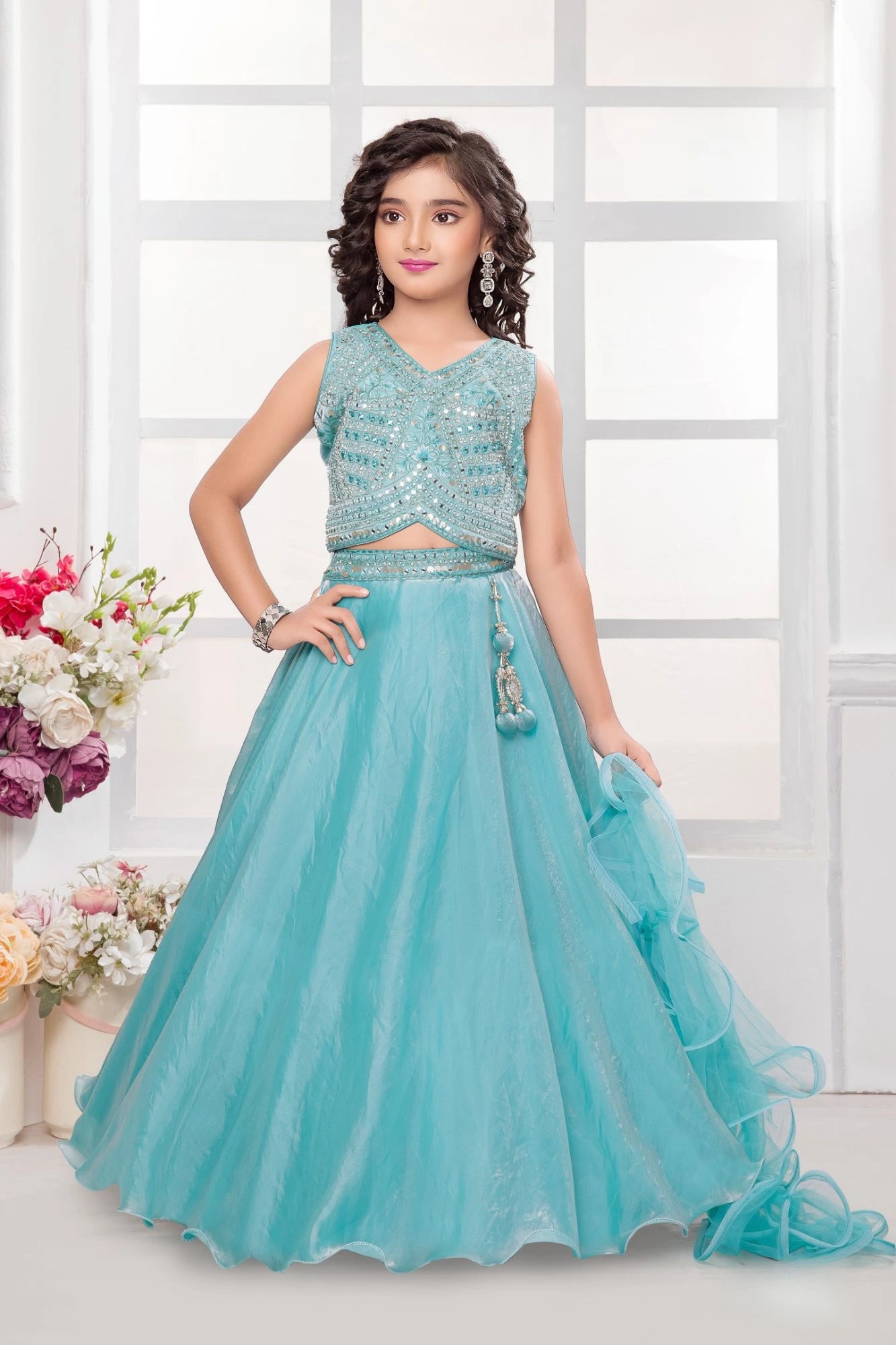 Aqua Blue Mirror Work Embroidered Lehenga Choli For Girls