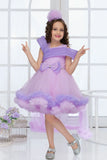 Lavender Layered High-Low Tulle Party Frock with Shoulder Pleats For Girls