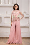 Pastel Pink Cape Style Palazzo Set With Sequin Floral Embroidery For Girls