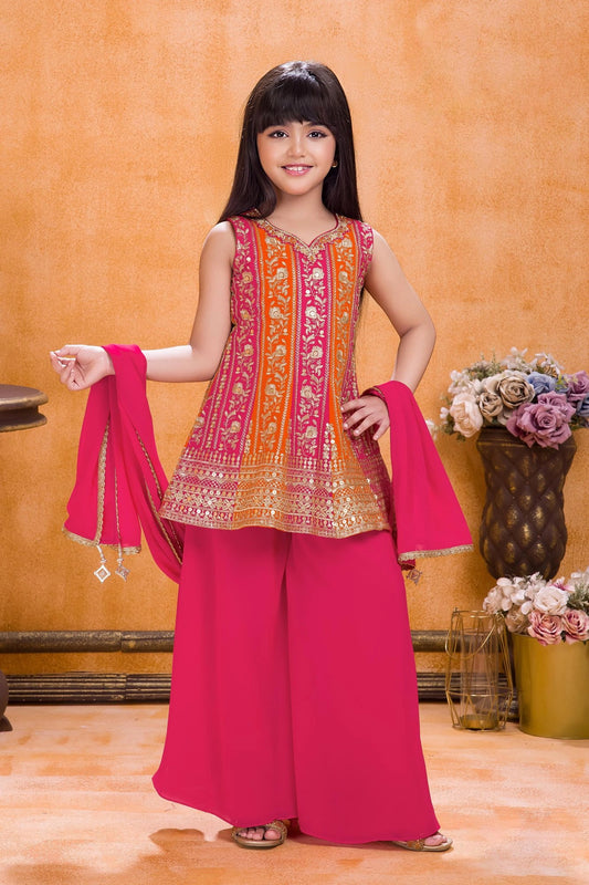 Rani Pink and Orange Embroidered Palazzo Set with Dupatta For Girls