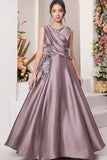 Mauve Gown with Draped Bodice and 3D Floral Appliqué Embroidery For Girls