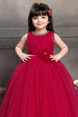 Shimmer Pink Net Gown With Floral Embellishment For Girls
