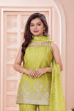 Light Green Bandhani Sharara Set with Dupatta & Golden Embroidery For Girls