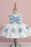 White & Sky Blue Butterfly Bow Party Wear Dress for Girls
