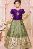Olive Green And Purple Pattu Pavadai Set with Zari Border and Dupatta For Girls