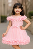 Baby Pink Party Wear Frock with 3D Ruffled Detailing & Waist Bow For Girls