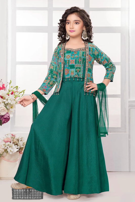 Teal Green Embellished Palazzo Set with Printed Jacket and Dupatta For Girls