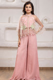Pastel Pink Cape Style Palazzo Set With Sequin Floral Embroidery For Girls