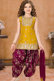 Mustard And Wine Sequins Embroidered Patiala Set For Girls