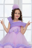Lavender Layered High-Low Tulle Party Frock with Shoulder Pleats For Girls