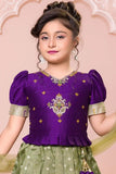 Olive Green And Purple Pattu Pavadai Set with Zari Border and Dupatta For Girls