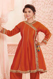 Orange Angrakha Kurti & Straight Pant Set For Girls