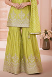 Light Green Bandhani Sharara Set with Dupatta & Golden Embroidery For Girls