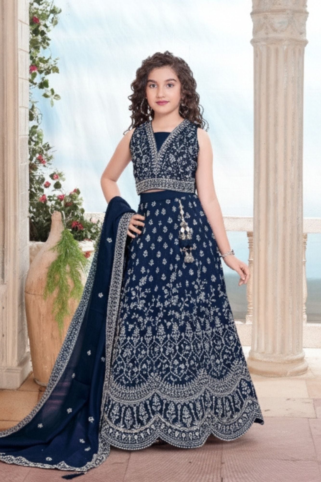 Navy Blue Embroidered Lehenga Choli Set with Dupatta For Girls  Lagorii  Kids