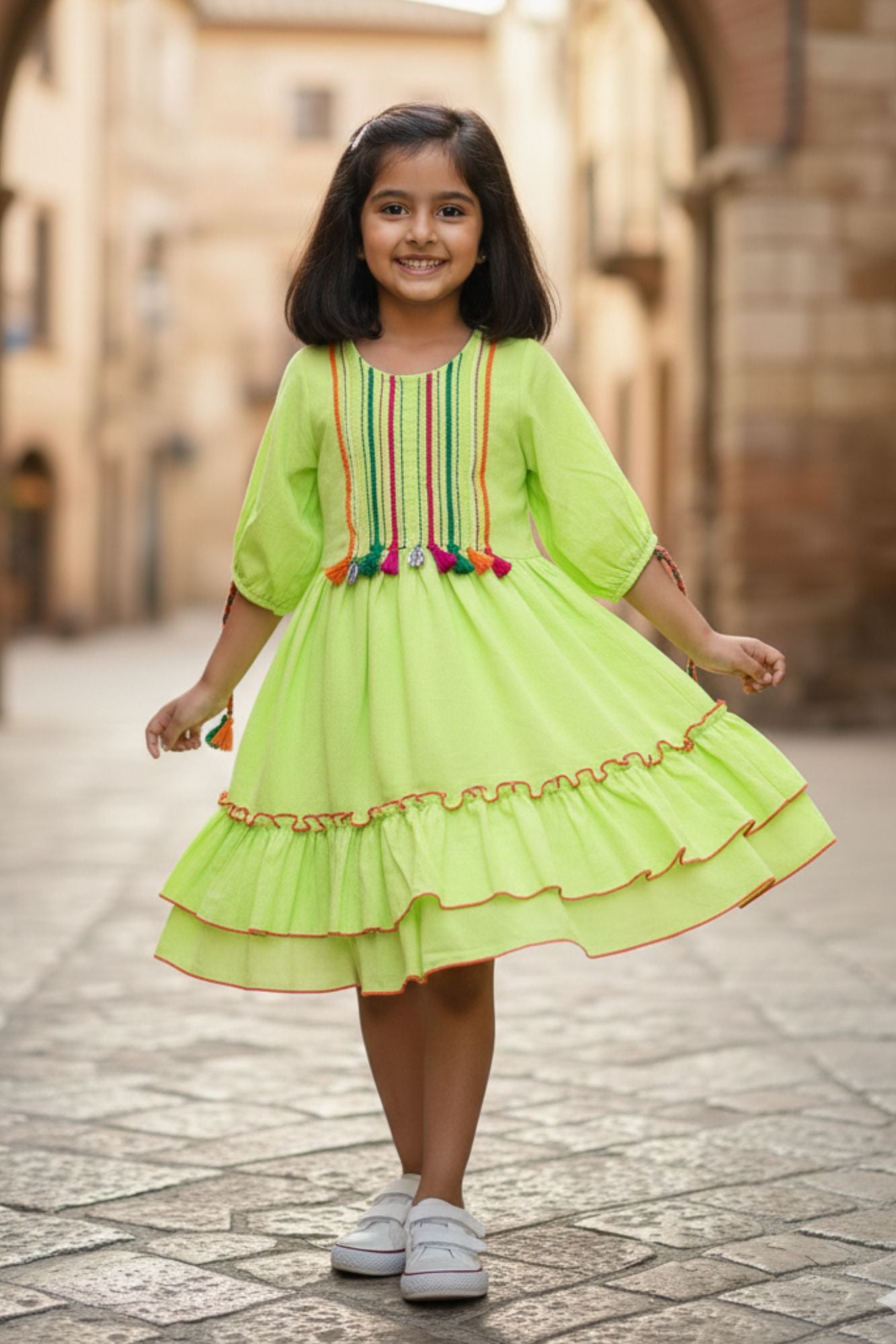 Neon Green Ruffle Tiered Dress with Multicolor Embroidery For Girls 5-6Y (26) Neon Green Ruffle Tiered Dress with Multicolor Embroidery For Girls 5-6Y (26)